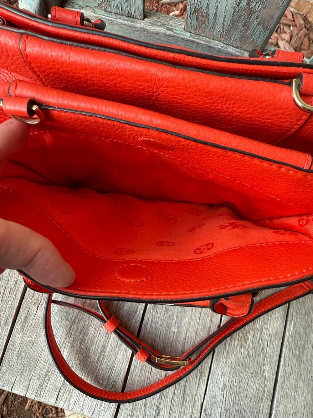 Tory Burch Coral-Red Pebbled Leather Mini Satchel with Detachable Strap